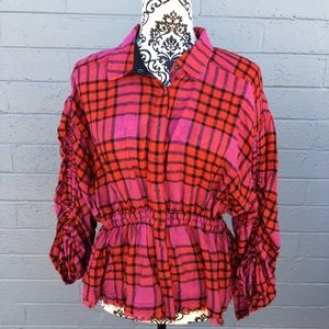 Free People Red Pink Plaid Button Down Top NWT
